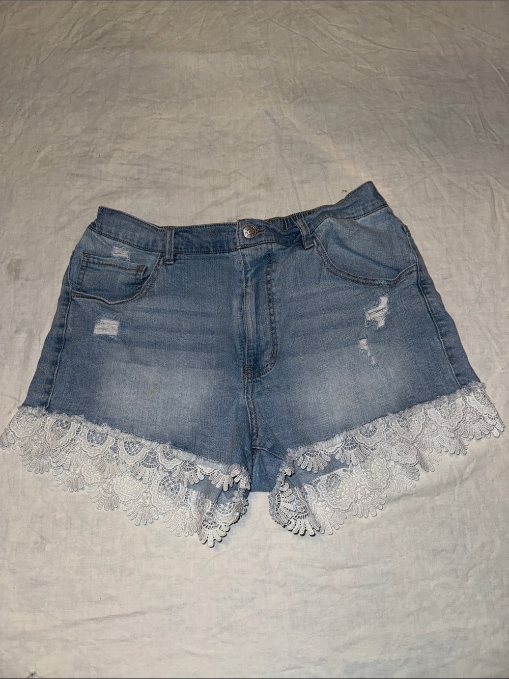 Madden NYC Boho Crochet Lace Trim Distressed Jean Shorts XL Elastic Back Comfort